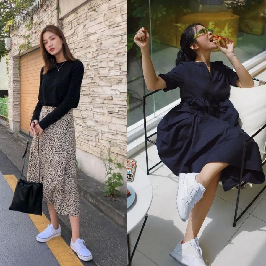 Cô gái mặc đầm dài đen chấm bi phối giày sneaker trắng, thể hiện phong cách trẻ trung khi mặc đầm dài mang giày gì