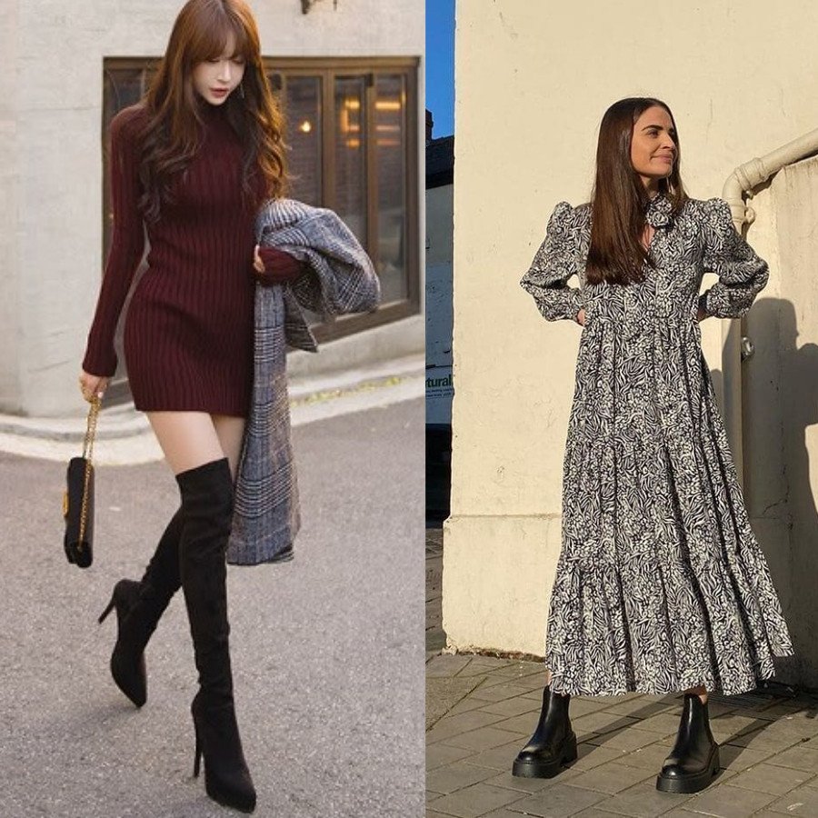 Cô gái mặc đầm dài đen phối giày boot cổ thấp màu đen, thể hiện phong cách lịch sự và thời thượng khi mặc đầm dài mang giày gì