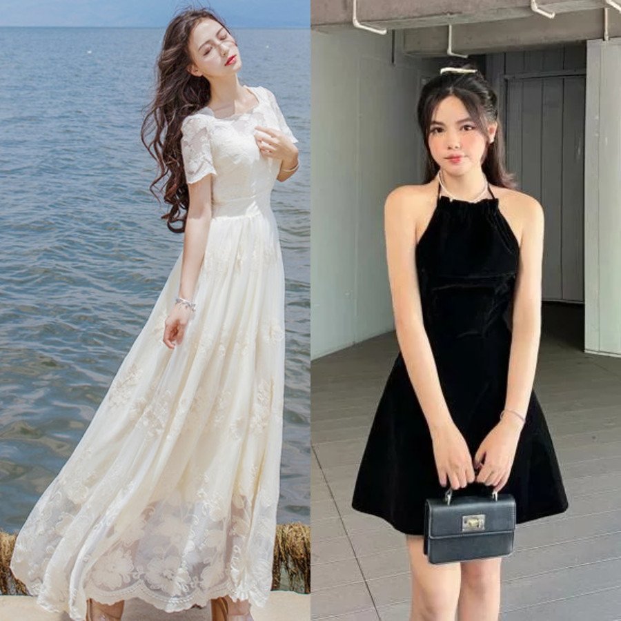 Cô gái mặc đầm dài màu hồng nhạt, minh họa tầm quan trọng của chiều dài đầm khi chọn giày