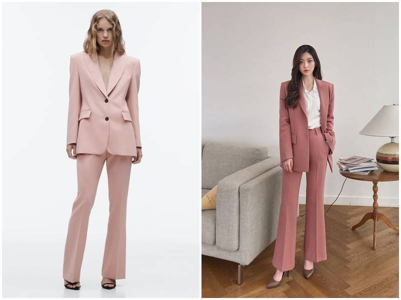 Cô gái mặc vest hồng và quần âu, phối với giày cao gót hồng cùng màu