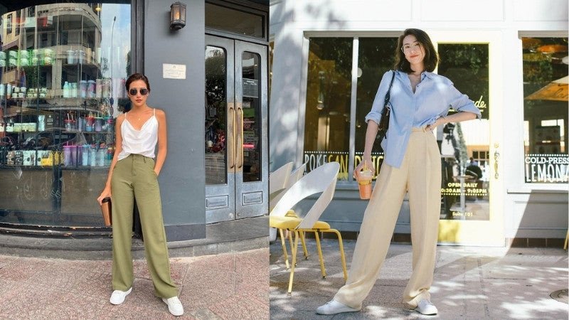 Cô gái phối đồ với giày trắng nữ và quần ống rộng cùng áo blouse trắng