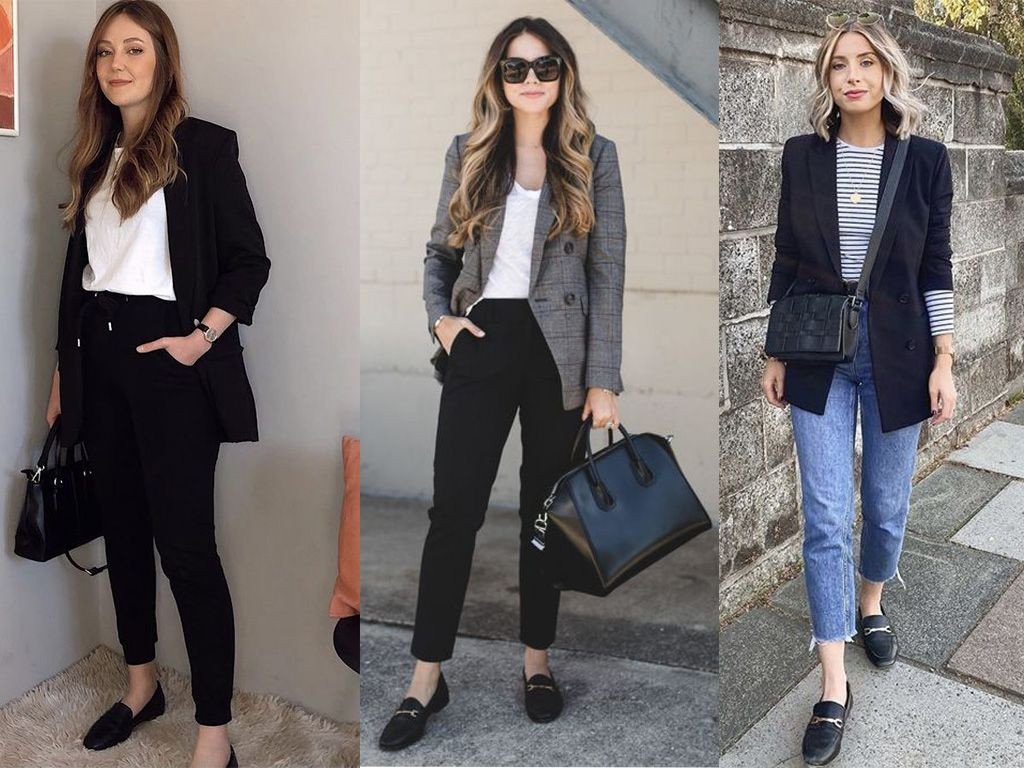 Cô gái phối vest kẻ sọc xám với giày búp bê đen mũi nhọn