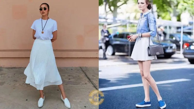 Cô gái phong cách mặc chân váy xòe và giày slip-on màu be