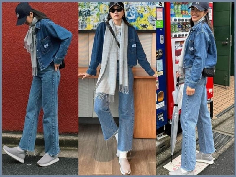 Cô gái sành điệu phối đồ denim on denim gồm áo khoác và quần jean, cùng giày thể thao nữ cá tính
