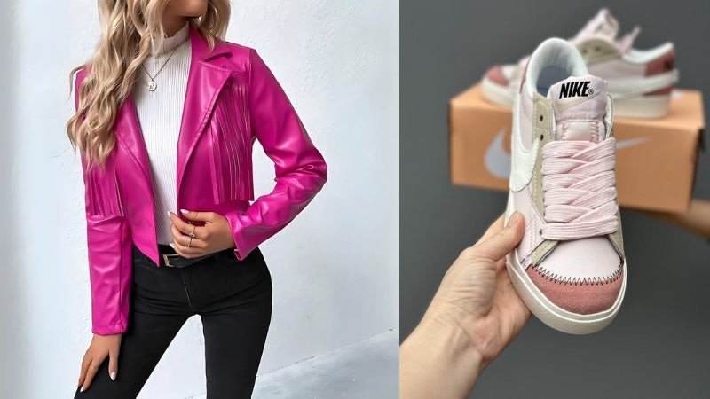 Cô gái sành điệu với áo khoác da và giày sneaker hồng