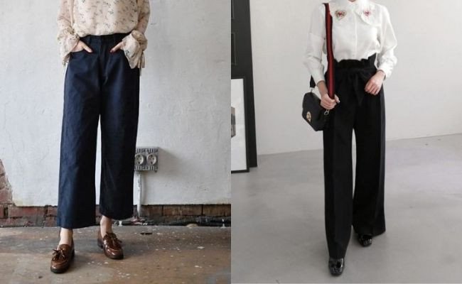 Cô gái trẻ mặc quần jean ống rộng và giày Oxford đen trắng, áo thun đơn giản