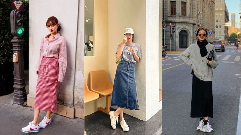 Cô gái trẻ trung phối chân váy dài denim cùng đôi giày sneaker trắng cá tính, phong cách.