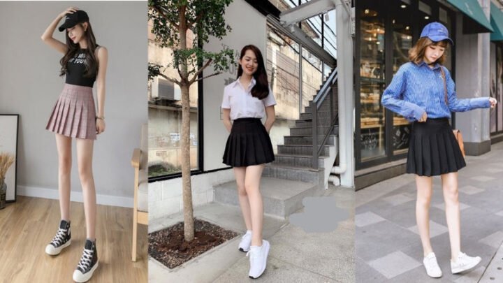 Cô gái trẻ trung phối chân váy xếp ly ngắn màu xám với giày sneaker trắng năng động