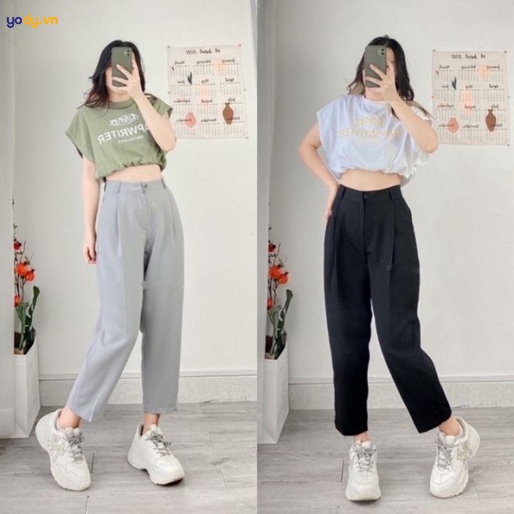 Cô gái trẻ trung với giày thể thao Yody và quần baggy vải