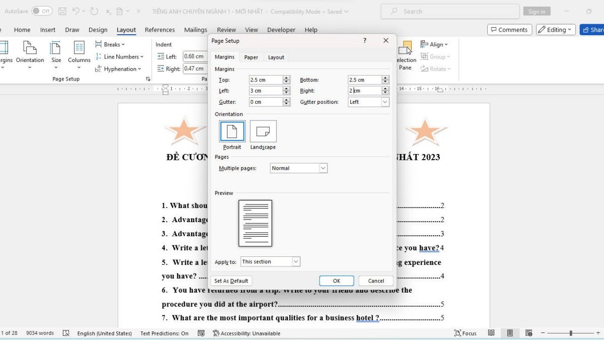 Cửa sổ Page Setup với tab Margins hiển thị các tùy chọn căn lề Top, Bottom, Left, Right cho trang in A4