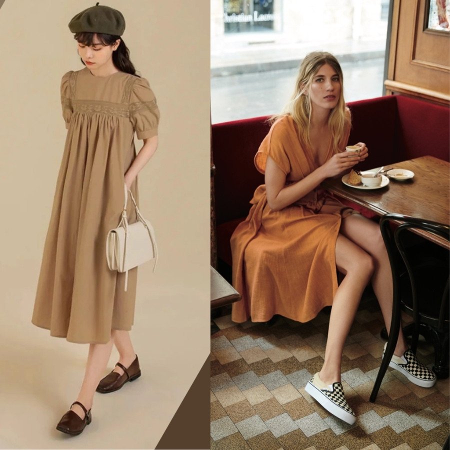 Đầm maxi họa tiết cùng giày lười đen đơn giản