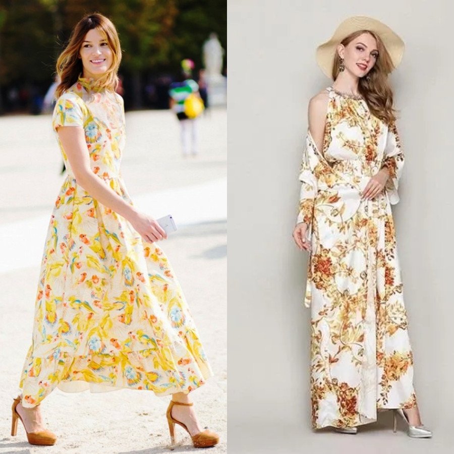 Đầm maxi voan phối giày cao gót nude quyến rũ