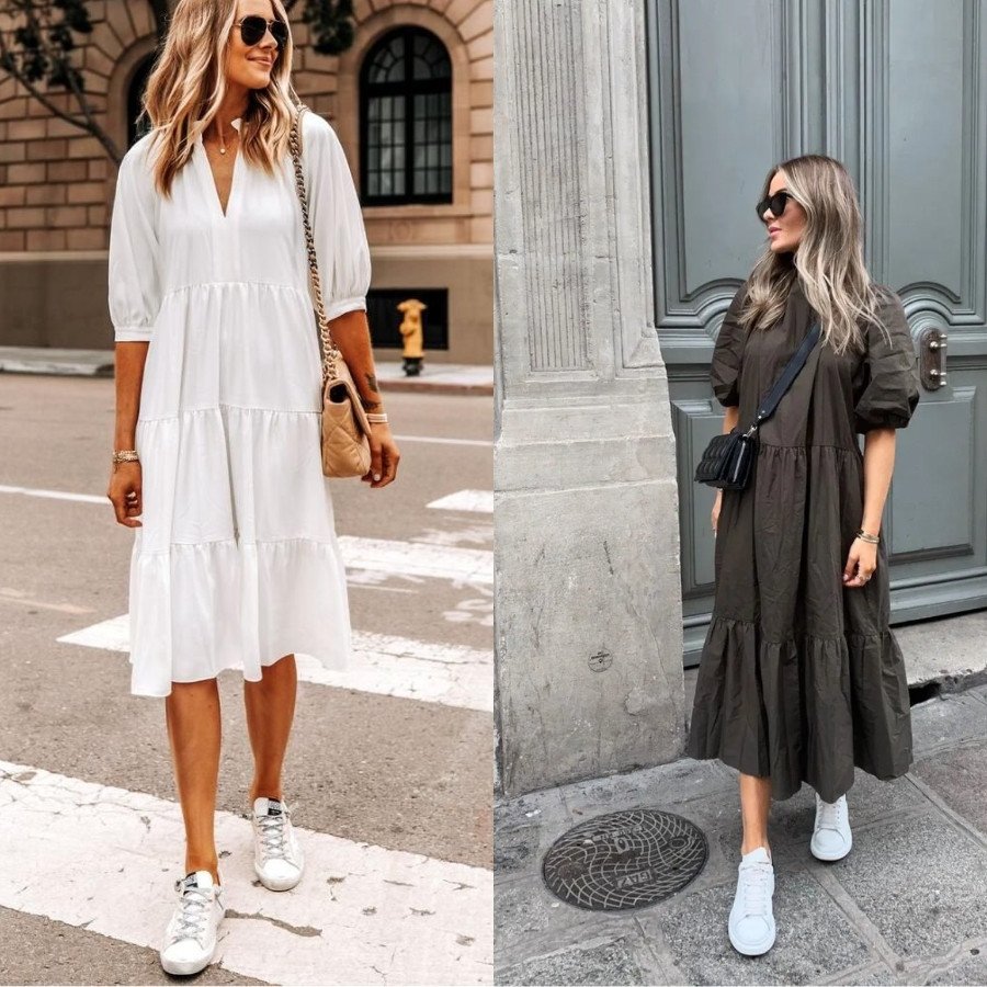 Đầm xòe điệu đà kết hợp giày sneaker trắng trẻ trung