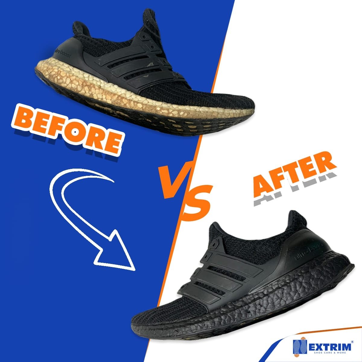 Đế giày cũ kỹ trở nên sáng bóng và sạch như mới sau khi được Extrim vệ sinh chuyên nghiệp