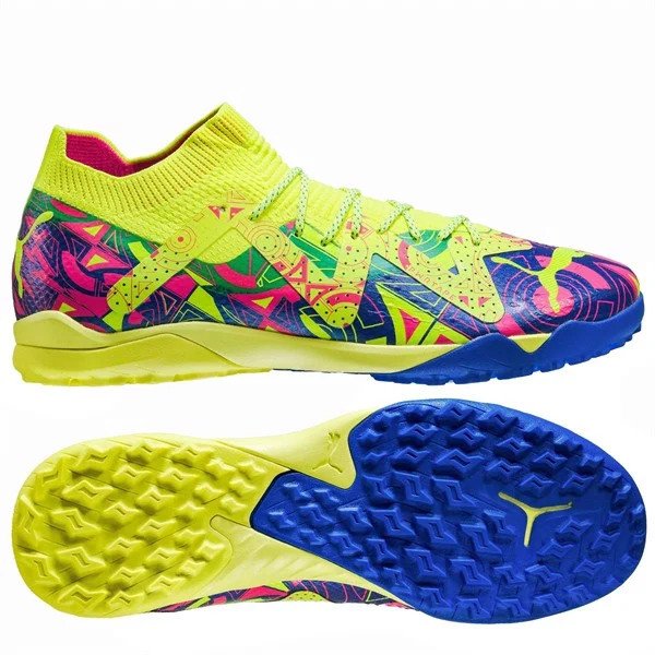 Đế giày Puma Future Ultimate Cage TT màu vàng chanh, với thiết kế đinh tán đặc biệt cho sân nhân tạo.