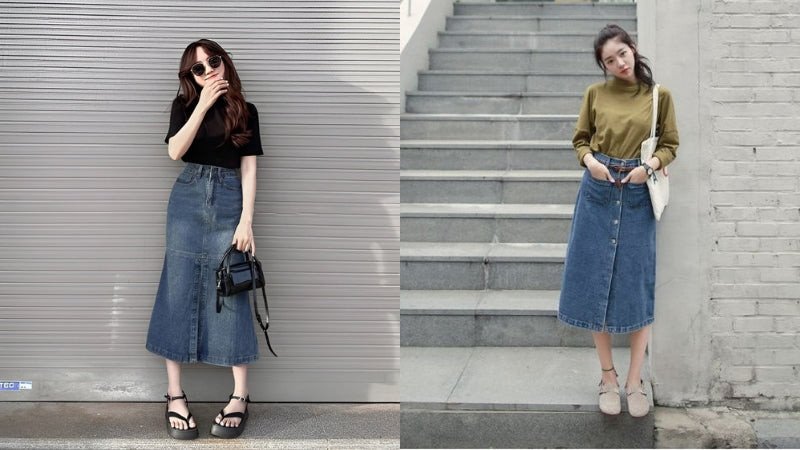 Đi dạo biển với chân váy bò dài và sandal thoải mái