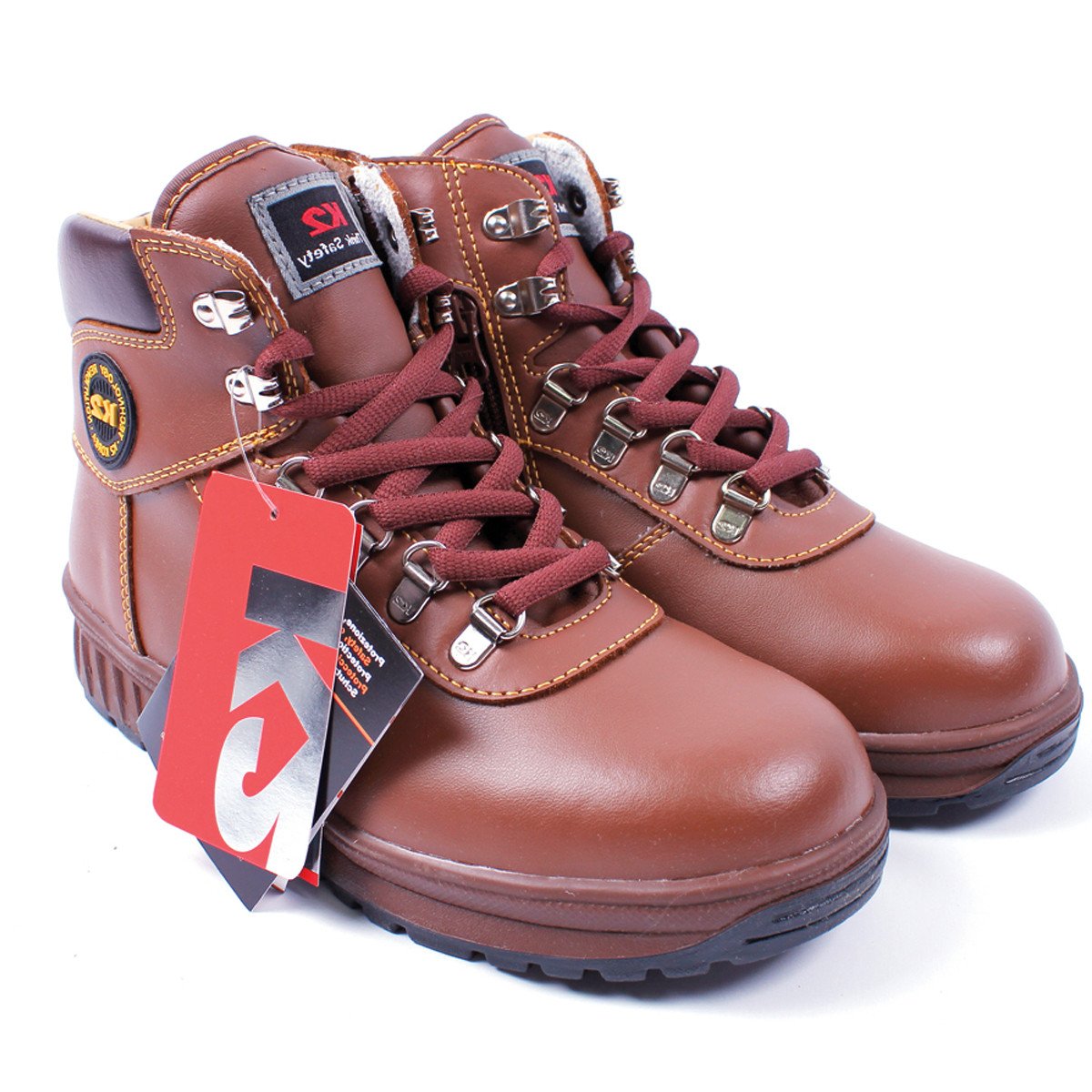 Đôi giày bảo hộ cao cổ K2-14 màu nâu cổ điển, làm từ da thật, mang phong cách hầm hố và độ bền vượt trội.