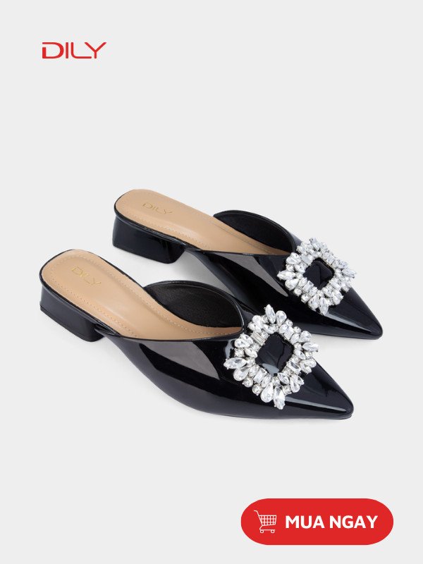 Đôi giày bít mũi nữ đế thấp màu trắng đính tag đá vuông lấp lánh