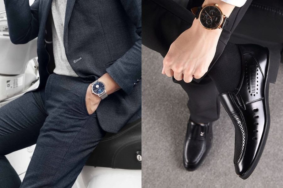 Đồng hồ đeo tay phối cùng giày tây nam, tạo nên phong cách lịch lãm và thời thượng, phụ kiện cho giày tây nam