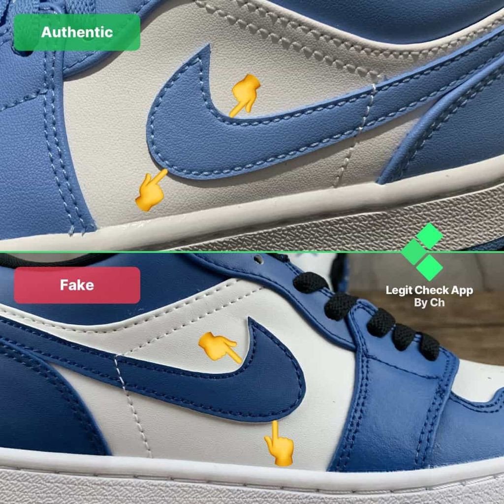 Đường may logo Swoosh trên giày Jordan 1 Low thật và giả, cách kiểm tra chi tiết
