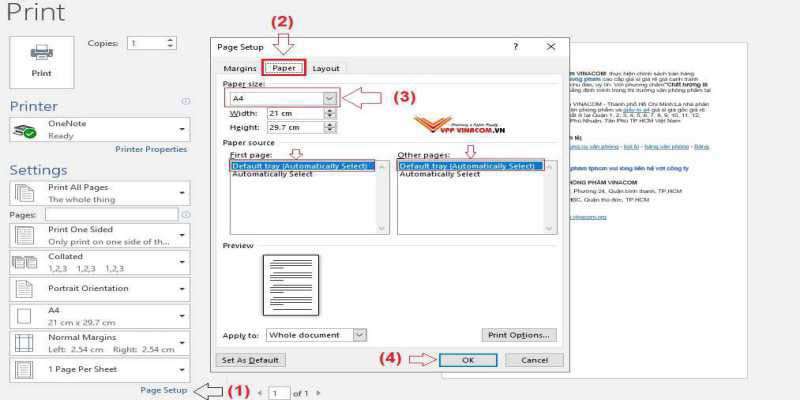 Giao diện Microsoft Word hướng dẫn cài đặt size giấy A4 cm khi in.