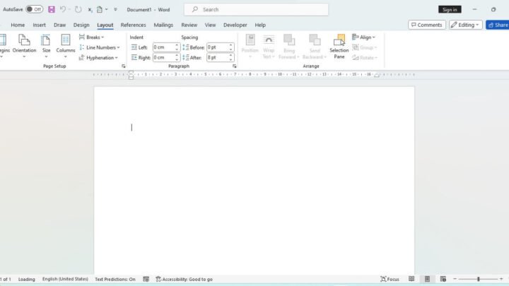 Giao diện Word với thẻ Layout và mũi tên Page Setup để chỉnh khổ giấy A4