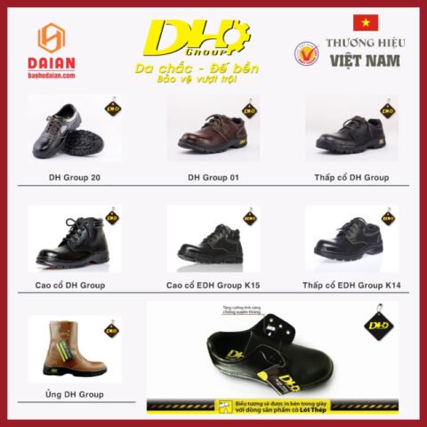 Giày bảo hộ lao động DH màu nâu và vàng trên nền gỗ