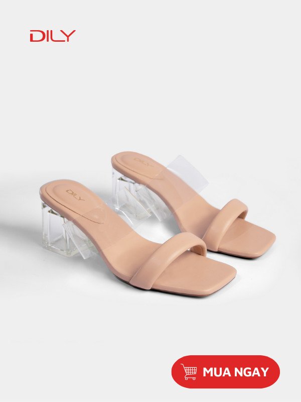 Giày bít mũi đế vuông quai ngang trong suốt màu kem