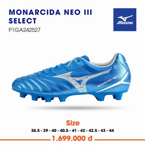 Giày bóng đá Mizuno Monarcida Neo III Select sân cỏ tự nhiên màu xanh dương, thiết kế truyền thống