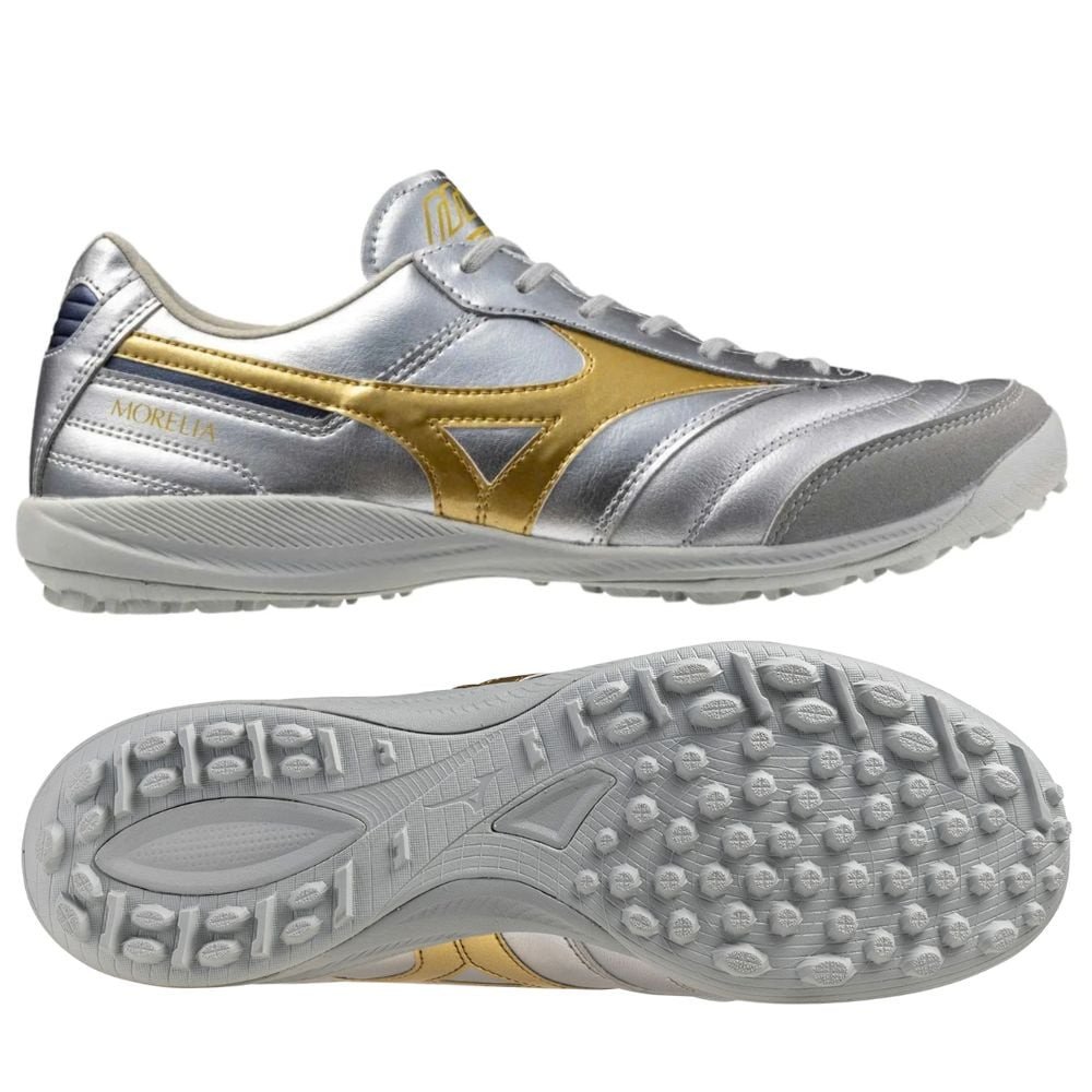 Giày bóng đá Mizuno Morelia Sala Pro TF Platinum màu bạc vàng cho sân cỏ nhân tạo