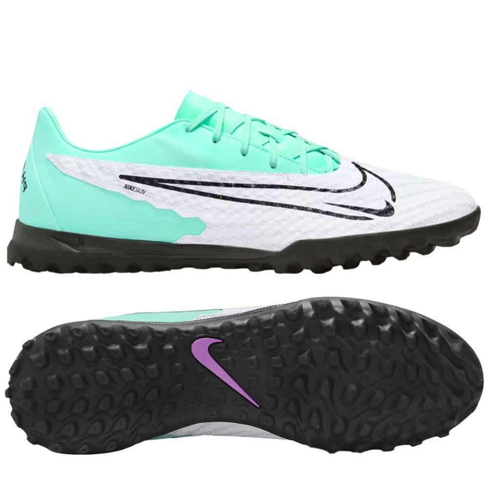 Giày bóng đá Nike Phantom GX Academy TF màu xanh lơ trắng, thiết kế dành cho kiểm soát bóng tối ưu trên sân cỏ nhân tạo.