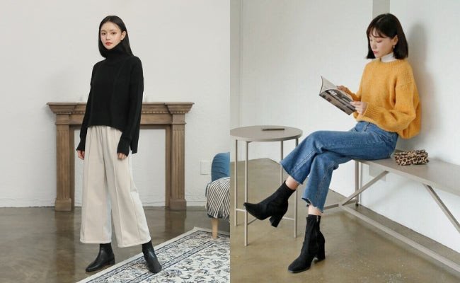 Giày boot cổ thấp đen kết hợp quần jean ống rộng và áo len, thời trang thu đông.