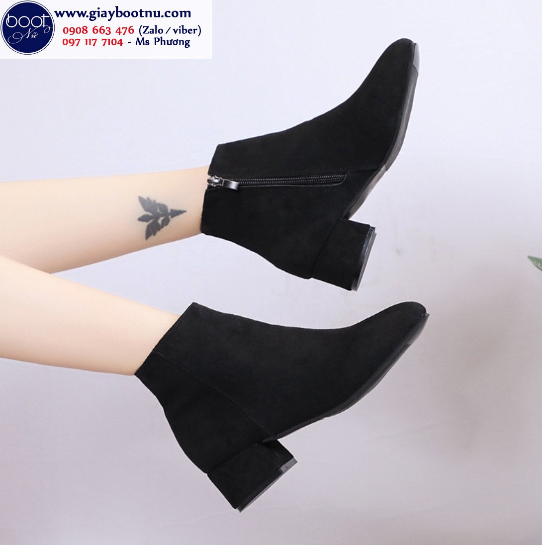 Giày boot nữ cổ thấp đế bệt da lộn mềm mại màu đen