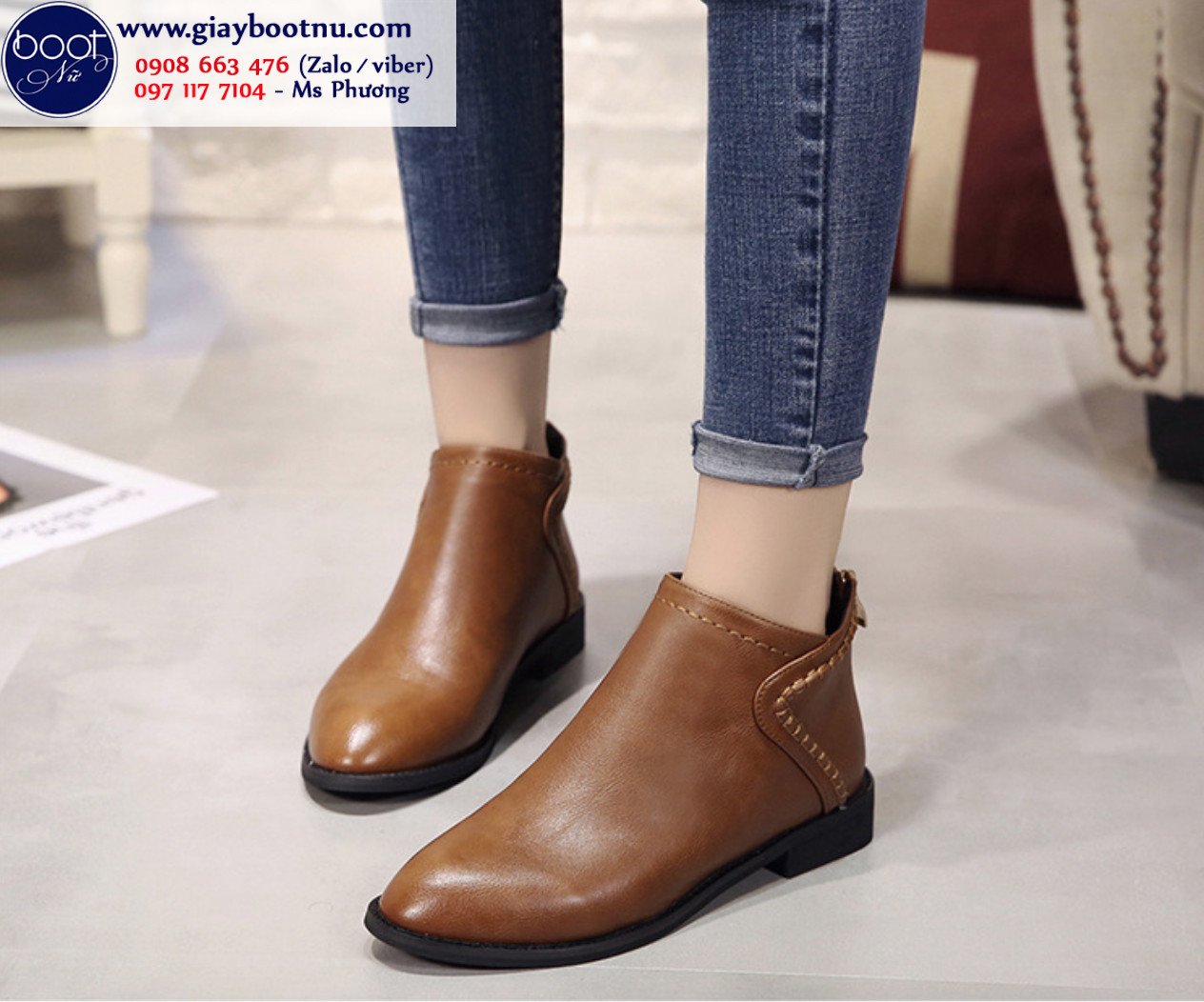 Giày boot nữ cổ thấp đế bệt mũi nhọn màu da bò sang trọng