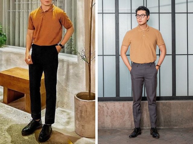 giày brogues và quần tây áo polo