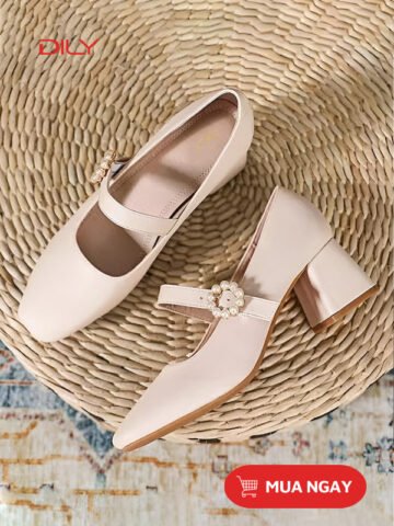 Giày búp bê cao gót khóa tròn đính hạt yêu kiều màu đen