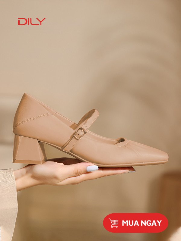 Giày cao gót búp bê mũi vuông nhún cách điệu màu trắng kem