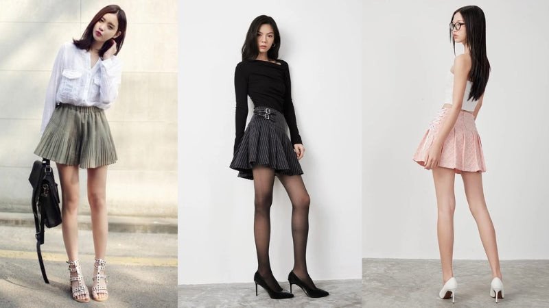 Giày cao gót mũi nhọn màu nude kết hợp chân váy xếp ly tạo vẻ sang trọng