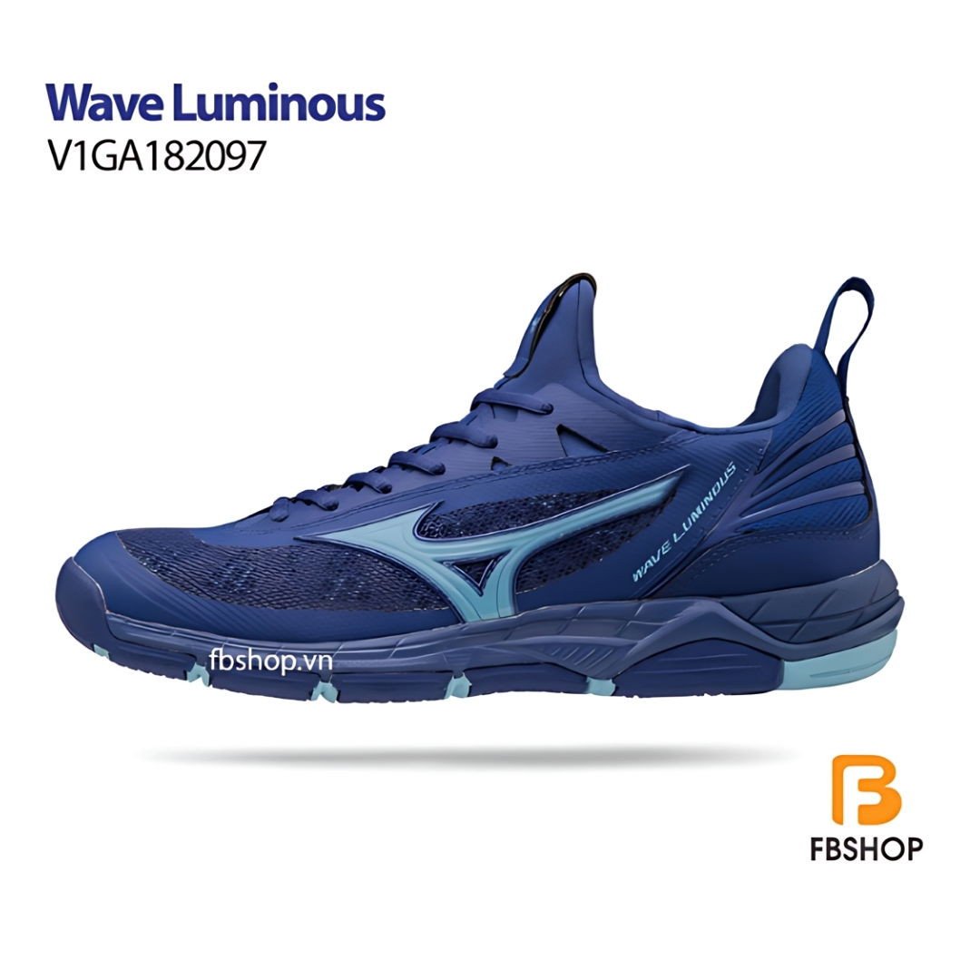 Giày cầu lông Mizuno Wave Luminous màu xanh đậm, nổi bật với công nghệ đệm khí và cần tham khảo bảng size giày.