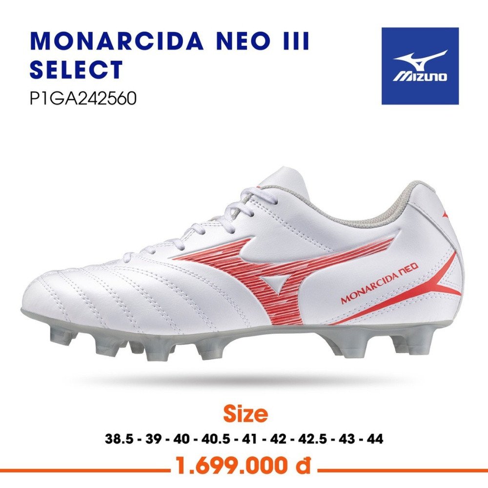 Giày đá banh Mizuno Monarcida Neo III Select sân cỏ tự nhiên màu trắng đỏ, đế FG bền bỉ