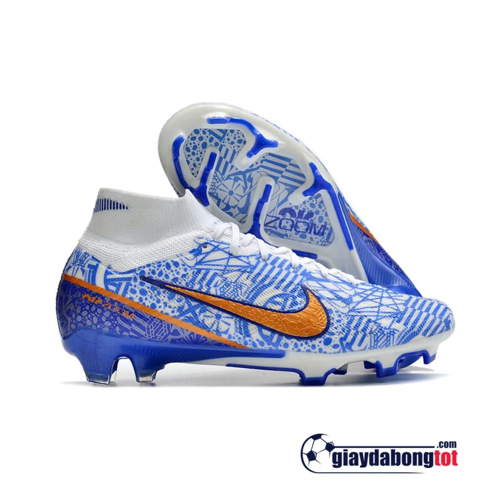 Giày đá bóng Nike CR7 cổ cao trắng xanh, sân cỏ tự nhiên