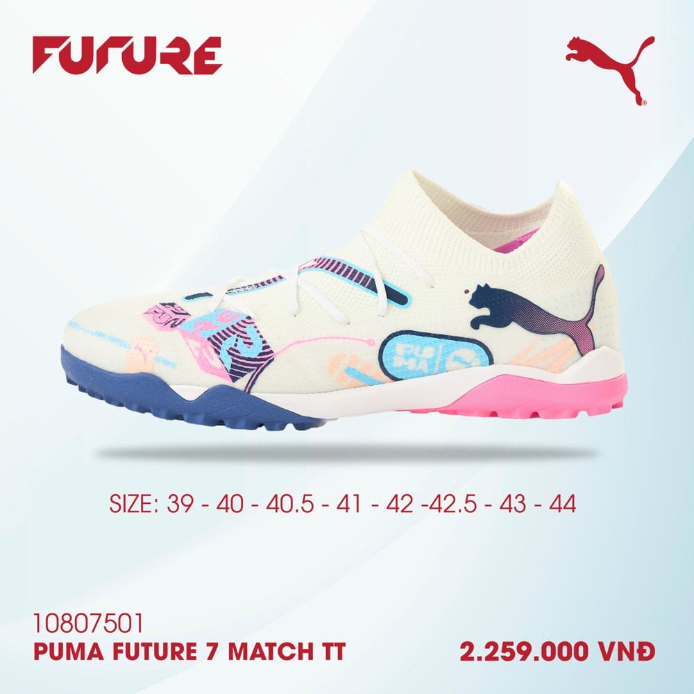 Giày đá bóng Puma Future 7 Match TT trắng xanh hồng trên sân nhân tạo