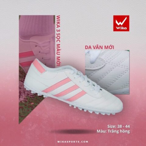 Giày đá bóng Wika 3 sọc CT3 trắng hồng với thiết kế cổ điển và đế TF bền bỉ cho sân cỏ nhân tạo