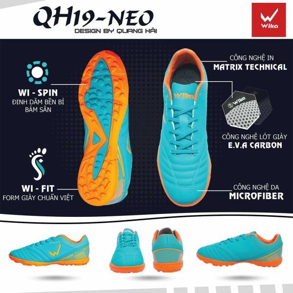 Giày đá bóng Wika QH19 NEO Quang Hải xanh ngọc, đế TF bám sân tốt