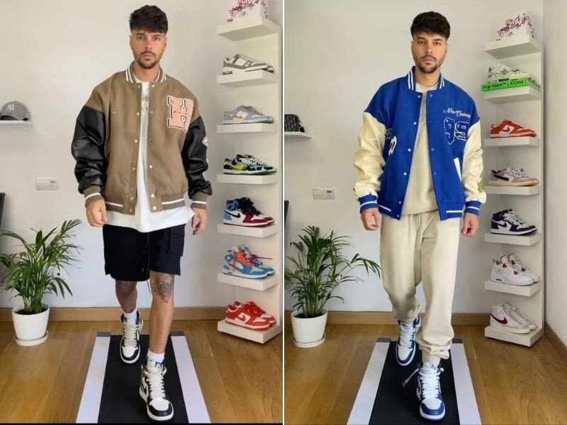 Giày Jordan cổ cao nam cùng áo khoác varsity trẻ trung