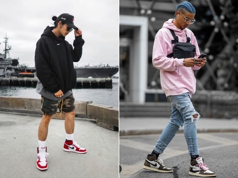 Giày Jordan cổ cao nam kết hợp cùng áo hoodie phong cách