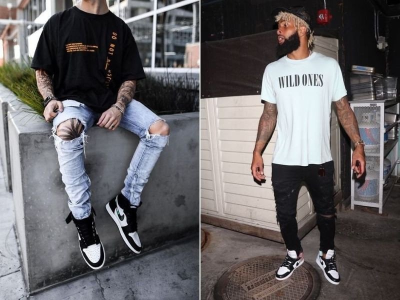 Giày Jordan cổ cao nam phối cùng áo thun và quần jean rách cá tính