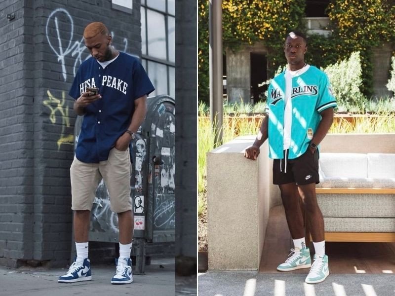 Giày Jordan cổ cao nam phối đồ cùng áo thun bóng chày và quần short