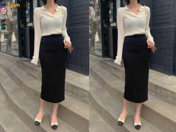 Giày Lolita cao gót màu đen kết hợp chân váy bút chì cho vẻ ngoài công sở