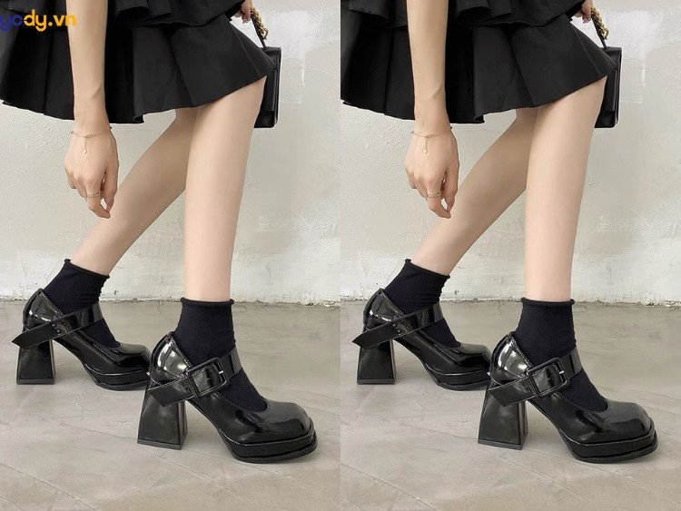 Giày Lolita cao gót màu đen với quai cài cổ điển, thể hiện sự sang trọng